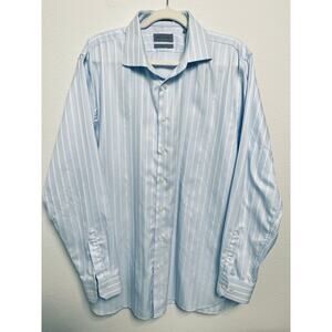 John W Nordstrom Trim Fit Dress Shirt Blue White Check Non Iron 100% Cotton 17.5